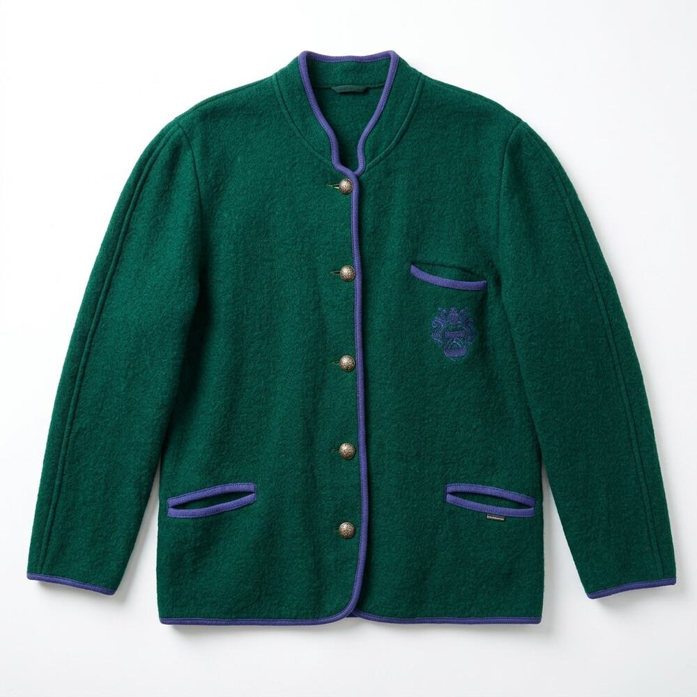 100% Virgin Boiled Green Wool Jacket Blue Trim Austrian Style